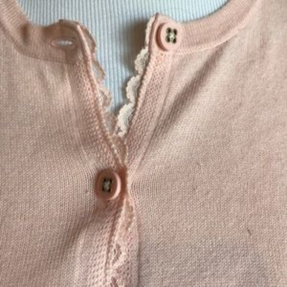 CAbi (#254) Pink Sunny Cardigan w/ lace trim Sz. S